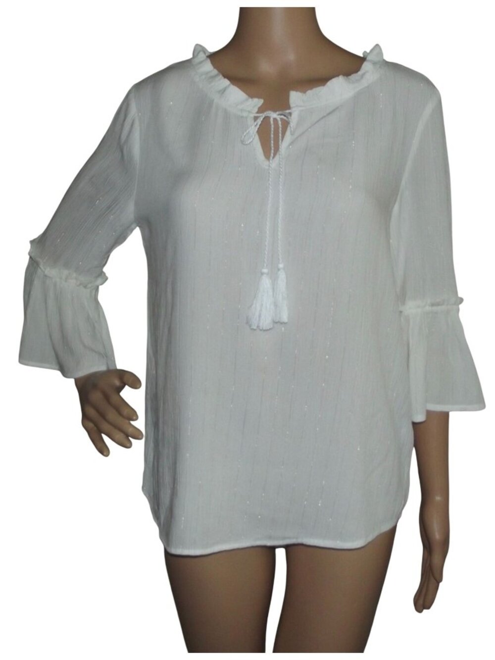 Defacto Blouse Womens XS Ecru White Gold Metallic Peasant Keyhole boho viscose